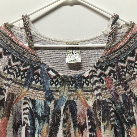 Vocal Watercolor Feather Aztec Print Cold Shoulder Long Sleeve Knit Sweater - Picture 6 of 9